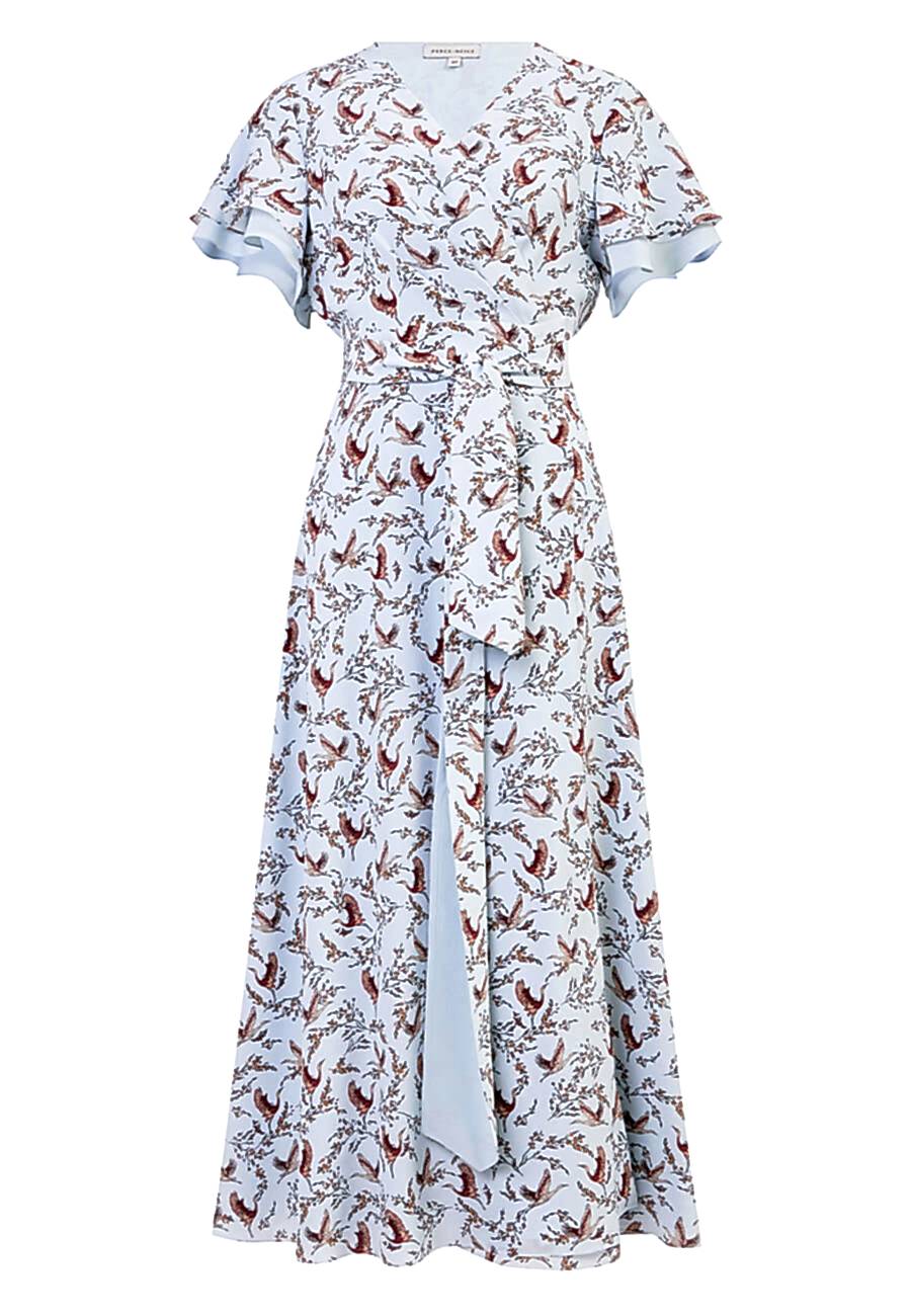 Платье с журавлями голубое