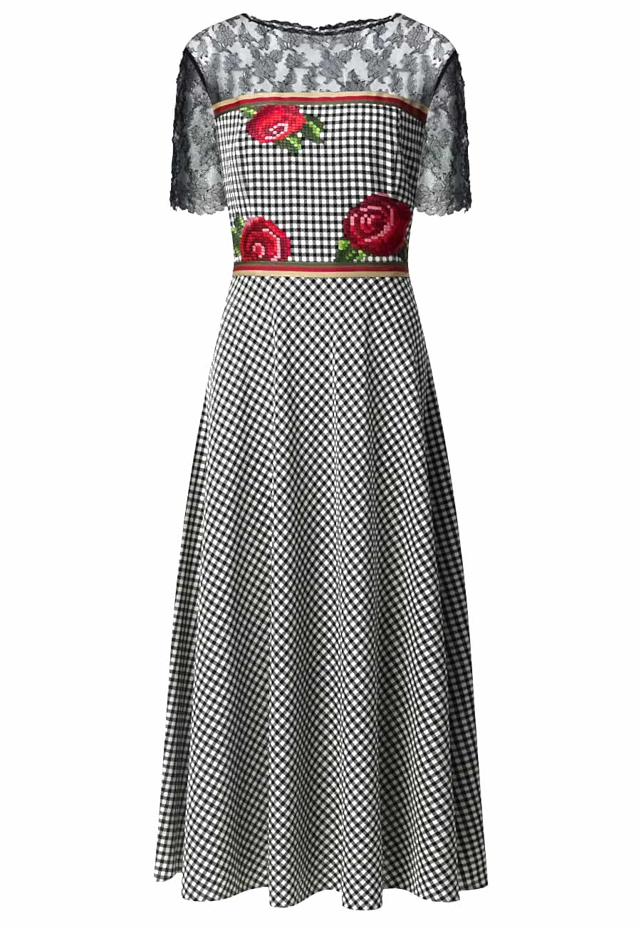 Платье с вышивкой роза черно/белое