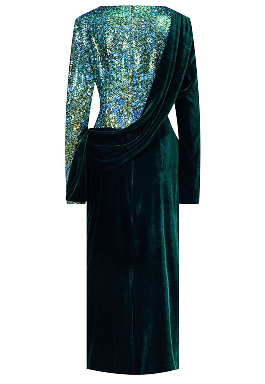 Платье вечернее зеленый бархат с паетками